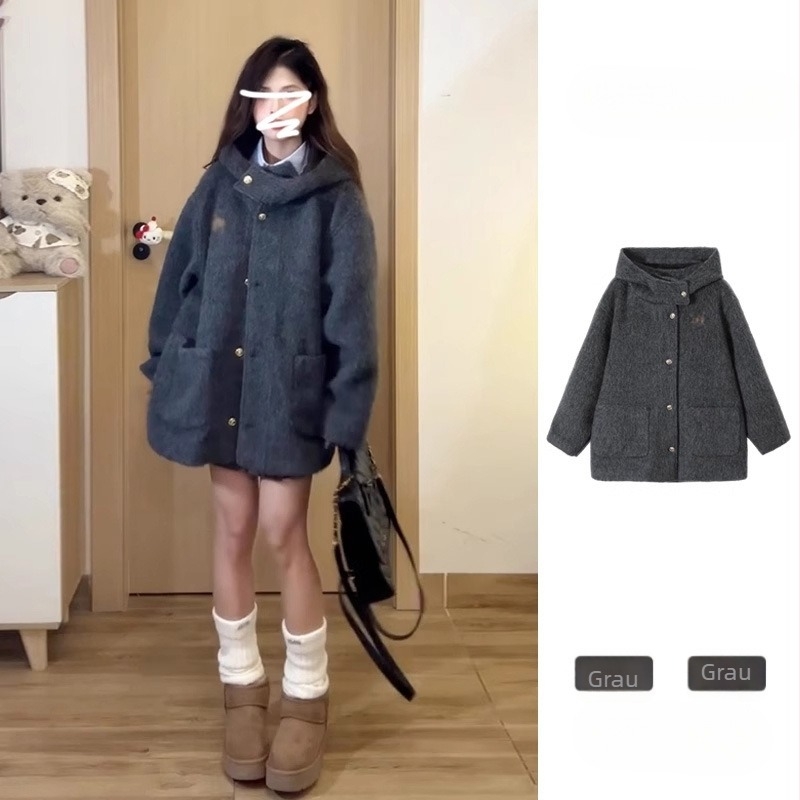 Palton scurt din poliester-spandex, stil lejer japonez/coreean, mâneci lungi, nasturi pe un rând, grosime medie