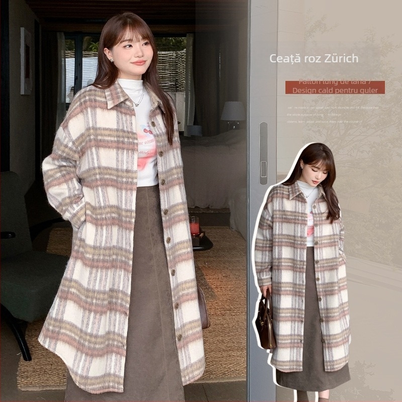 Palton lung pentru femei din poliester — Carouri retro coreene, 95% poliester, guler cu rever, mâneci raglan