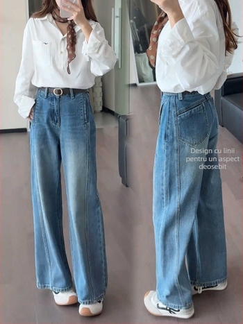 Blugi croi larg, talie înaltă, denim de bumbac cu 30–50% poliester, tratament fără călcare, primăvara 2025