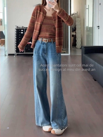 Blugi croi larg, talie înaltă, denim de bumbac cu 30–50% poliester, tratament fără călcare, primăvara 2025