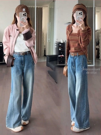 Blugi croi larg, talie înaltă, denim de bumbac cu 30–50% poliester, tratament fără călcare, primăvara 2025