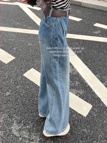 Blugi croi larg, talie înaltă, denim de bumbac cu 30–50% poliester, tratament fără călcare, primăvara 2025