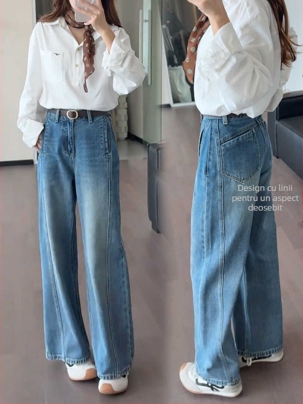 Blugi croi larg, talie înaltă, denim de bumbac cu 30–50% poliester, tratament fără călcare, primăvara 2025