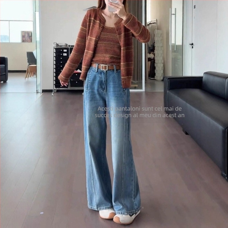 Blugi croi larg, talie înaltă, denim de bumbac cu 30–50% poliester, tratament fără călcare, primăvara 2025