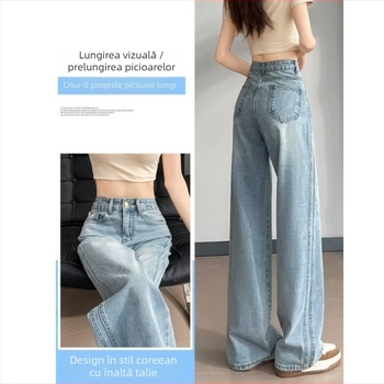 Jeans din denim - croială largă, talie înaltă, croială dreaptă; 50–70% bumbac, poliester <30%; neelastic, finisaj vopsire