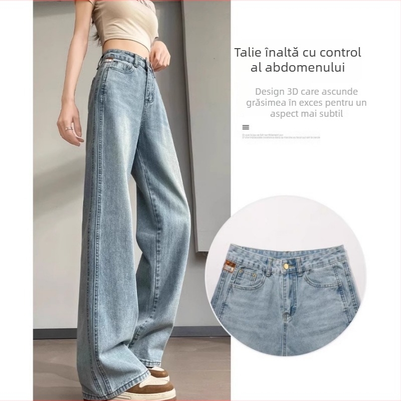 Jeans din denim - croială largă, talie înaltă, croială dreaptă; 50–70% bumbac, poliester <30%; neelastic, finisaj vopsire