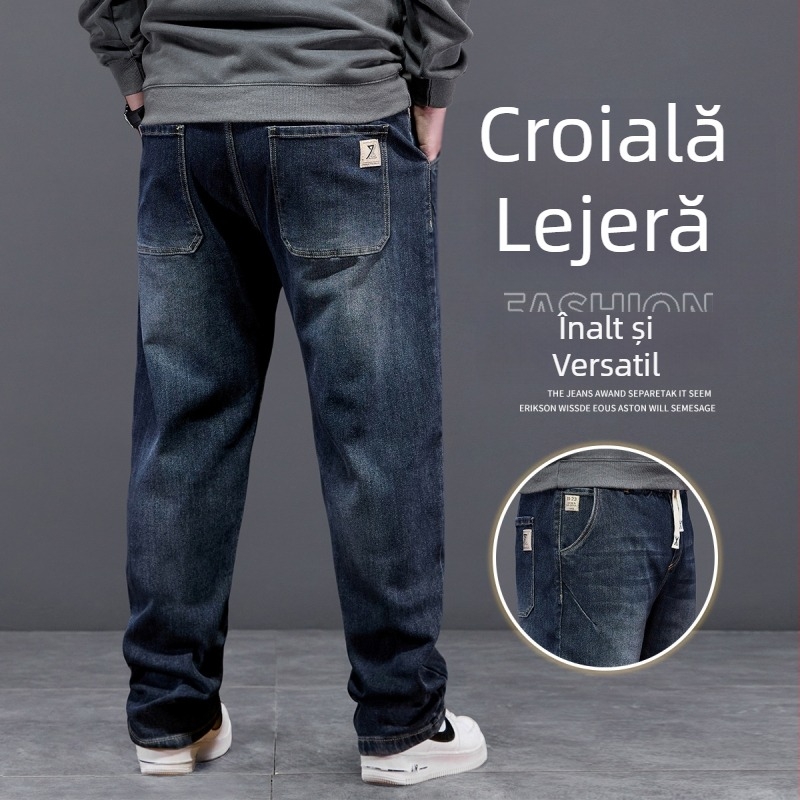 Blugi bărbătești cu talie elastică și șnur, croială dreaptă, largi, pentru iarnă