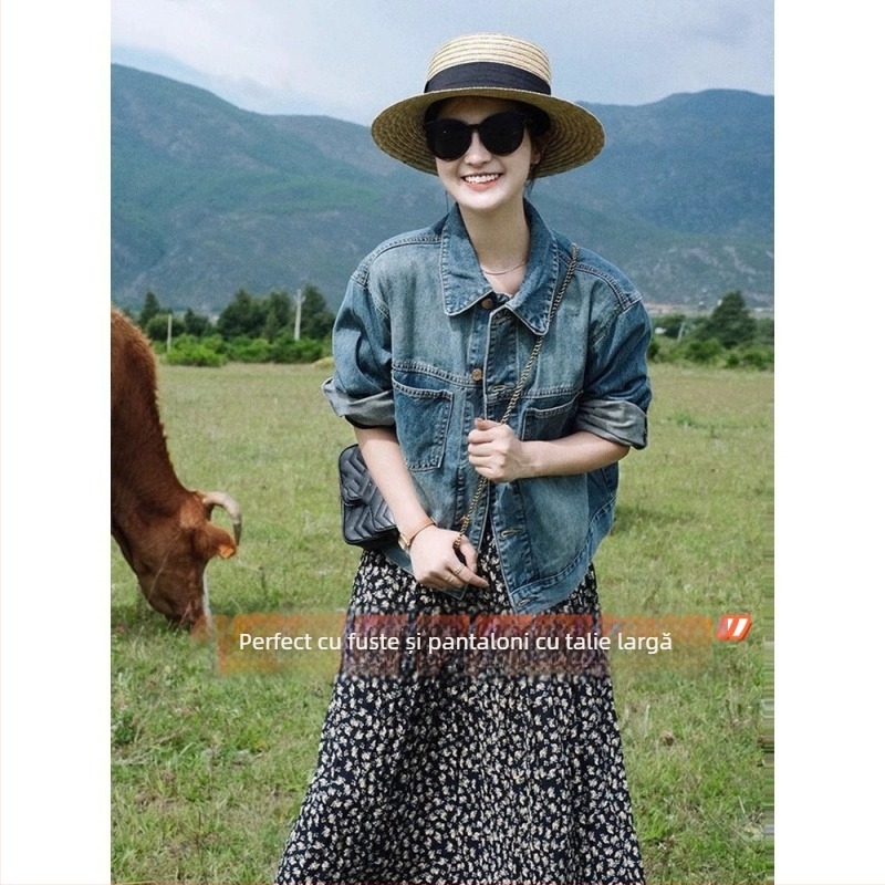 Jachetă scurtă de denim pentru femei, Chanel stil, croială Slim, lungime scurtă, guler polo, 3183