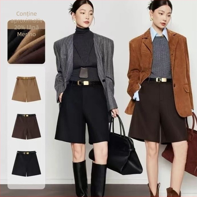 Pantaloni casual pentru femei, drepti, lungime 3/4, țesătură țesută cu 70–80% lână, detaliu cu plisuri