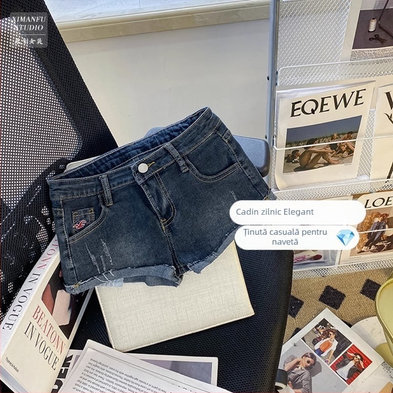 Șorturi denim scurte, croială Slim, talie joasă, tiv rulat, microelasticitate