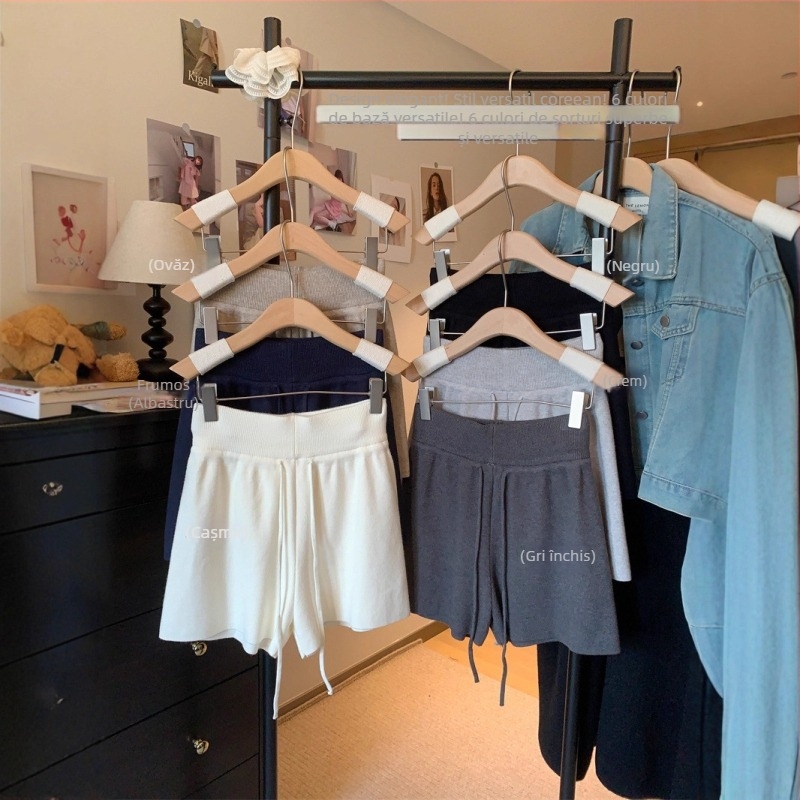 Pantaloni casual tricotati pentru femei, talie cu șnur, talie înaltă, lungime 3/4, buzunare, țesătură poliester