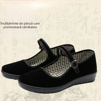 Pantofi de lucru pentru femei din pânză, talpă antiderapantă, închidere cu cataramă, toc conic jos 1–3 cm
