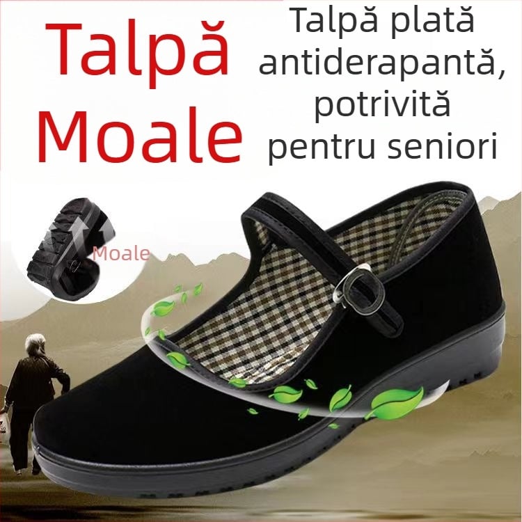 Pantofi de lucru pentru femei din pânză, talpă antiderapantă, închidere cu cataramă, toc conic jos 1–3 cm