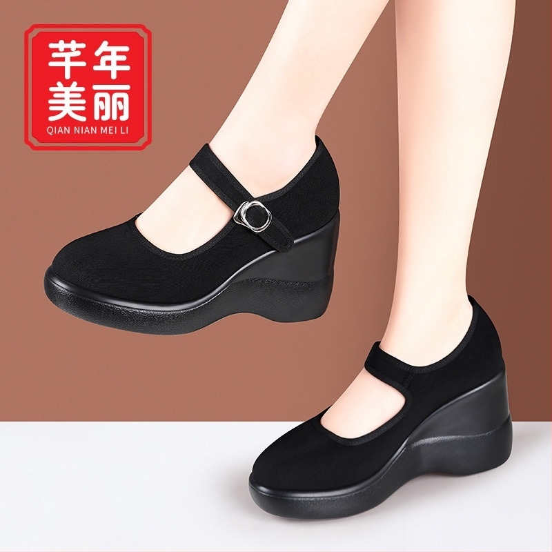 Pantofi damă din canvas cu toc wedge pentru purtare zilnică — respirabili, ușori, talpă antiderapantă, 6–8 cm înălțime a tocului, vârf rotund, închidere cu catarama