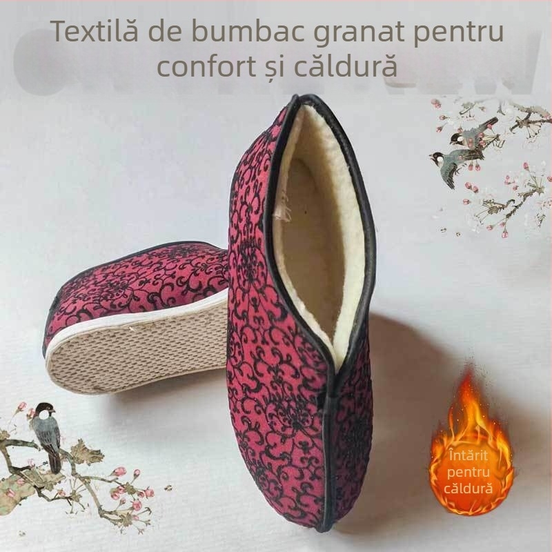 Pantofi femei din pânză de bumbac, realizați manual, cu înălțime înaltă, căptușiți cu bumbac, talpă cu mai multe straturi, calzi