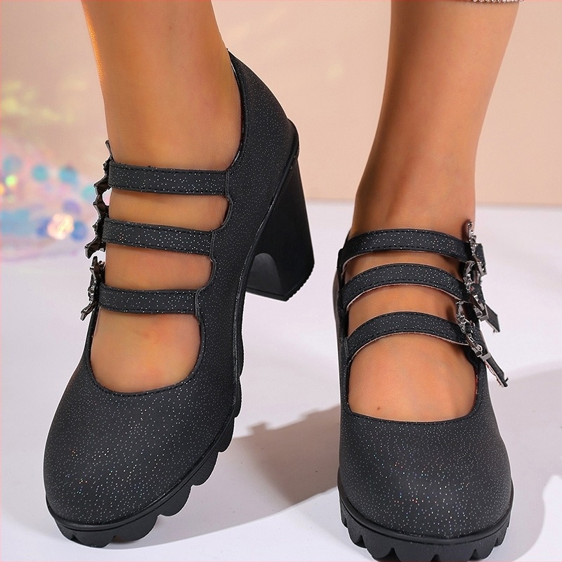 Pantofi dama PVC cu cataramă, vârf rotund, toc gros 6–8 cm, căptușeală EVA
