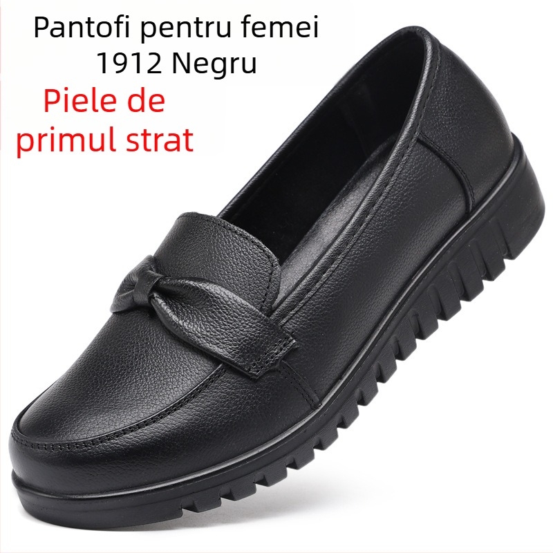 Pantofi pentru mame de vârstă mijlocie și în vârstă — partea superioară din piele naturală, branț PU, talpă injectată, vârf rotund, deschidere joasă