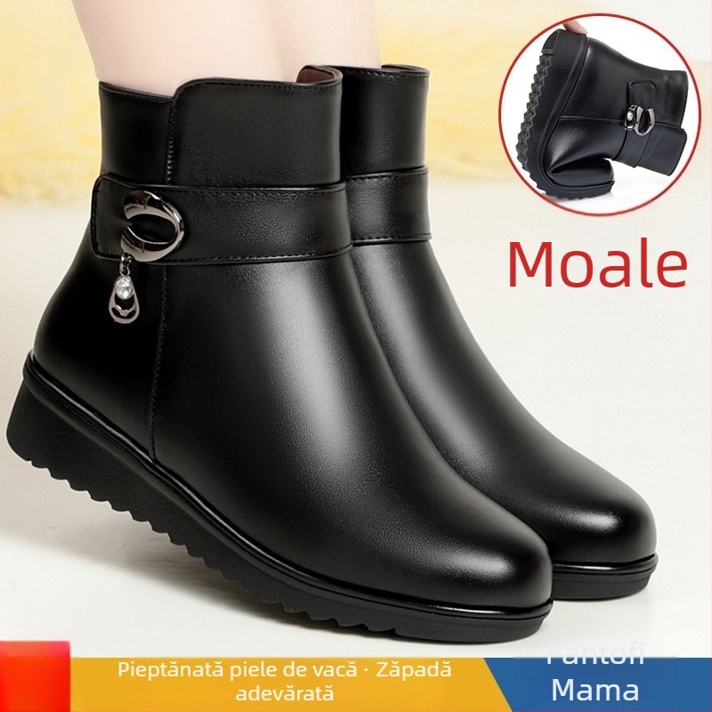 Pantofi de iarnă din piele cu căptușeală din blană sintetică, fermoar lateral, talpă din compozit, toc mic 1-3 cm, vârf rotund