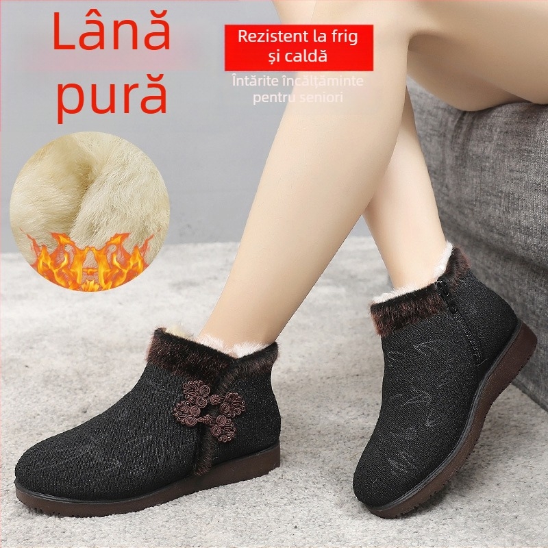 Pantofi damă de iarnă din pânză cu căptușeală de lână, înalte, fermoar lateral, talpă antiderapantă
