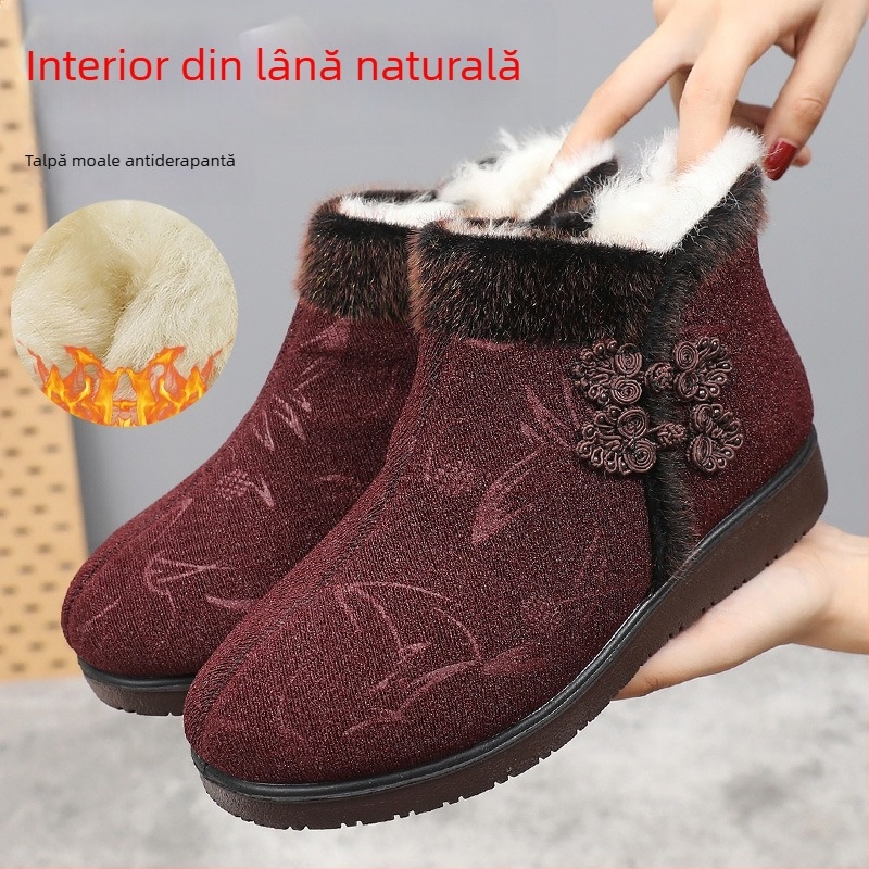 Pantofi damă de iarnă din pânză cu căptușeală de lână, înalte, fermoar lateral, talpă antiderapantă