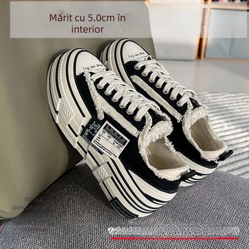 Sneakers din canvas unisex cu toc ascuns, talpă din cauciuc groasă, creștere în înălime, închidere cu șireturi în față-spate, stil casual de toamnă