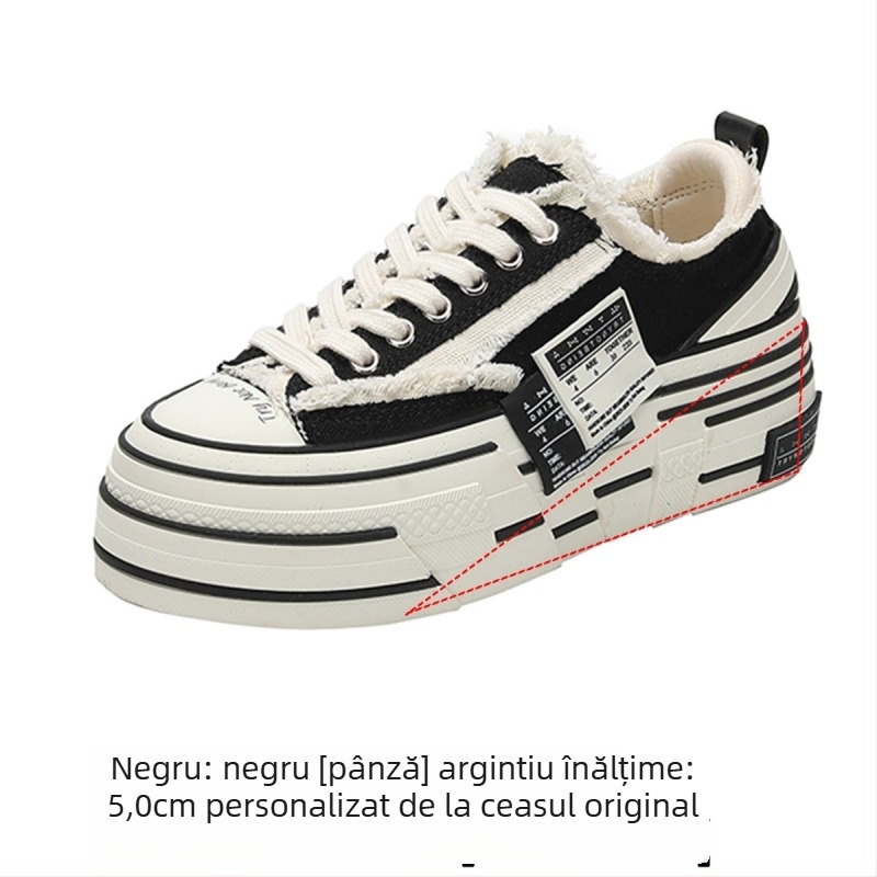 Sneakers din canvas unisex cu toc ascuns, talpă din cauciuc groasă, creștere în înălime, închidere cu șireturi în față-spate, stil casual de toamnă