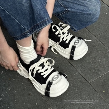 Pantofi sport femei din pânză casual cu creștere de 6,5 cm (șireturi, talpă din cauciuc, căptușeală din piele)