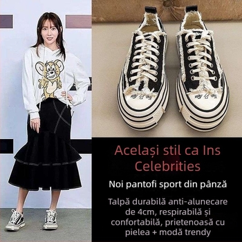 Pantofi sport din canvas pentru femei, înălțime înaltă, model cu dungi, talpă groasă din poliuretan, închidere cu șireturi