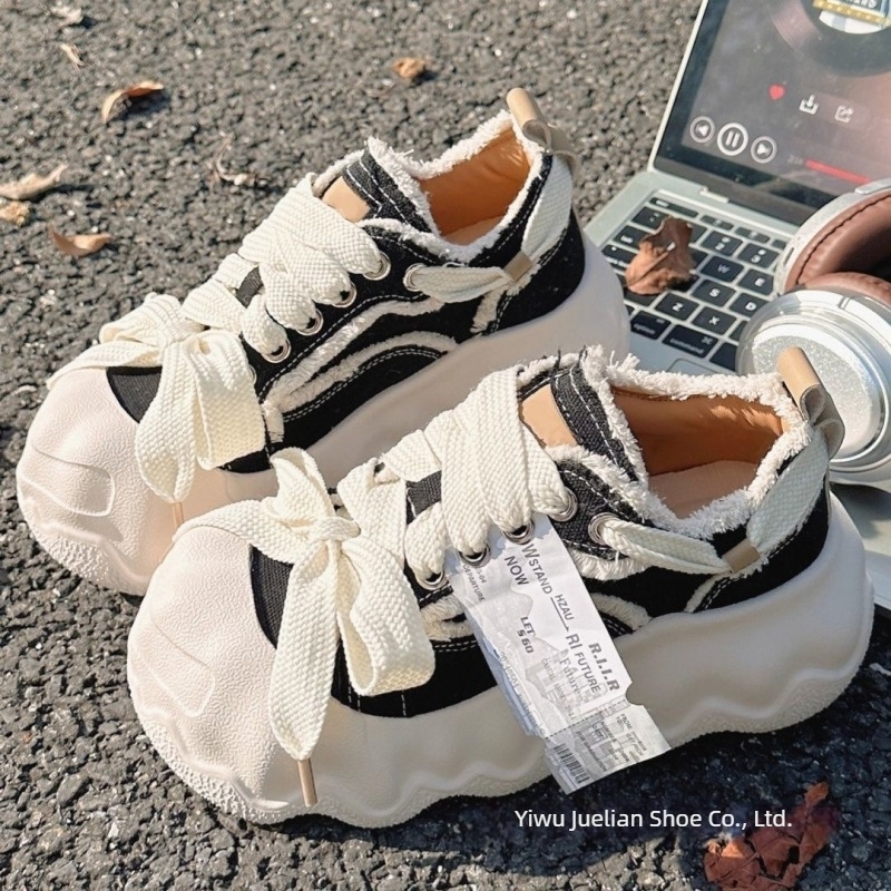 Pantofi sport din pânză cu talpă groasă, partea superioară din pânză, talpă din spumă, închidere cu șireturi, PU branț