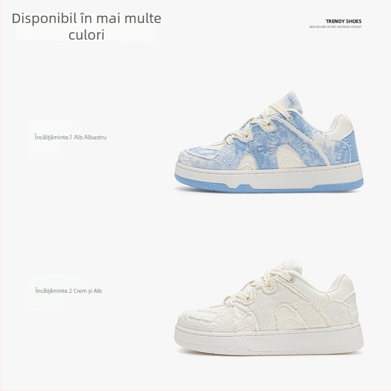Adidași din denim cu talpă groasă, model color-block, vârf rotund, toc mic 1-3 cm, închidere cu șireturi
