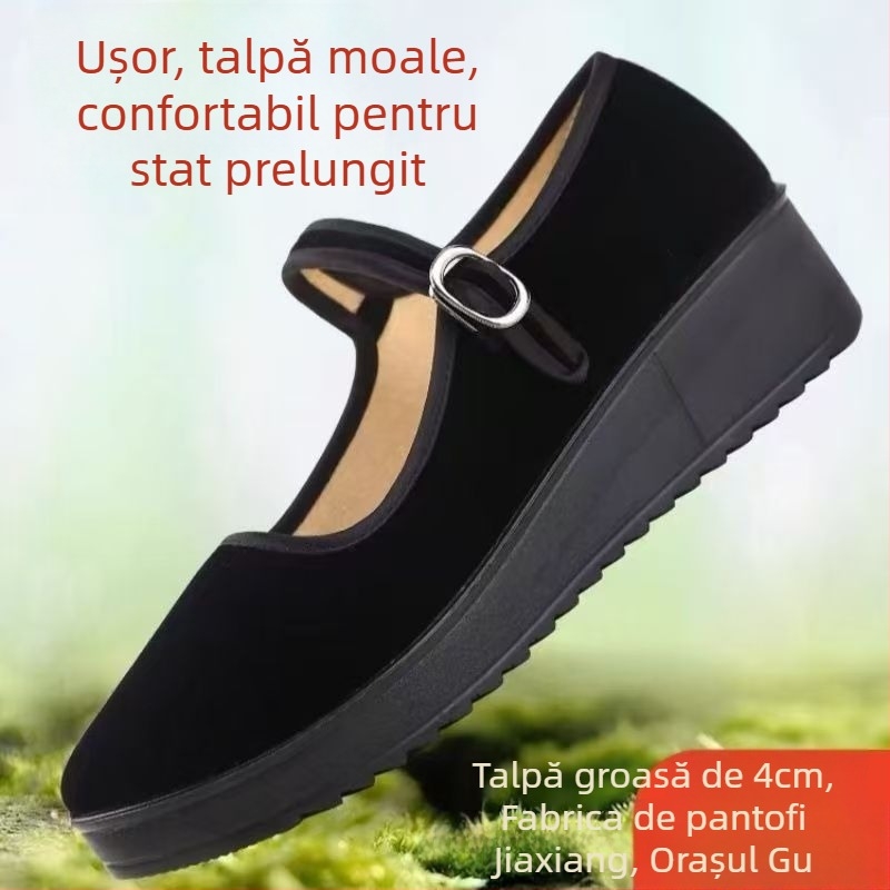 Pantofi damă cu platformă din velur, căptușeală textilă, talpă PU, închidere cu cataramă