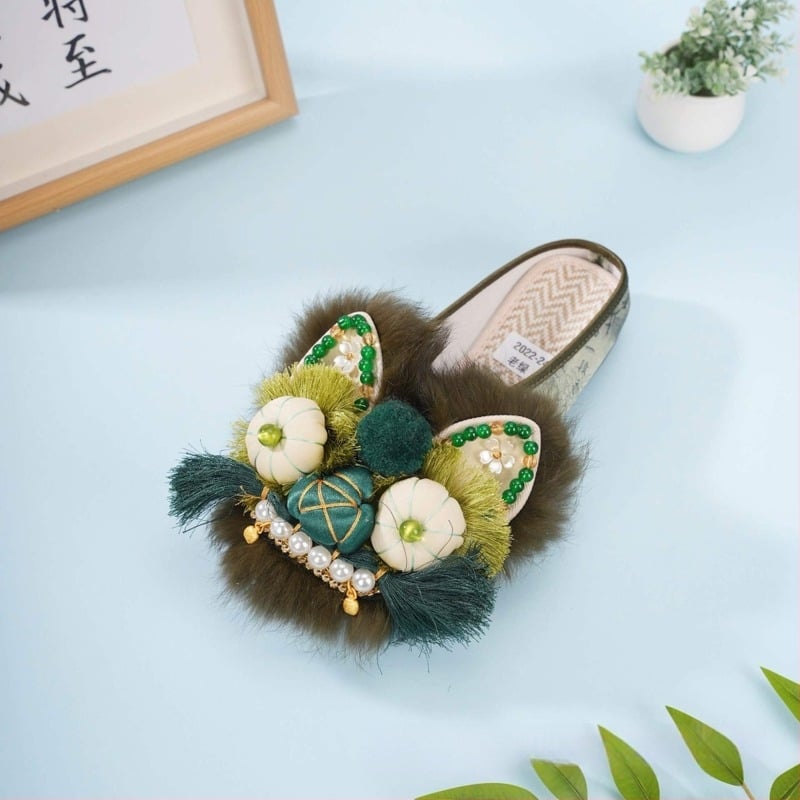 Pantofi din stofă, stil etnic pentru femei, broderie manuală, toc plat, vârf rotund