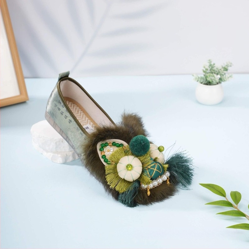 Pantofi din stofă, stil etnic pentru femei, broderie manuală, toc plat, vârf rotund