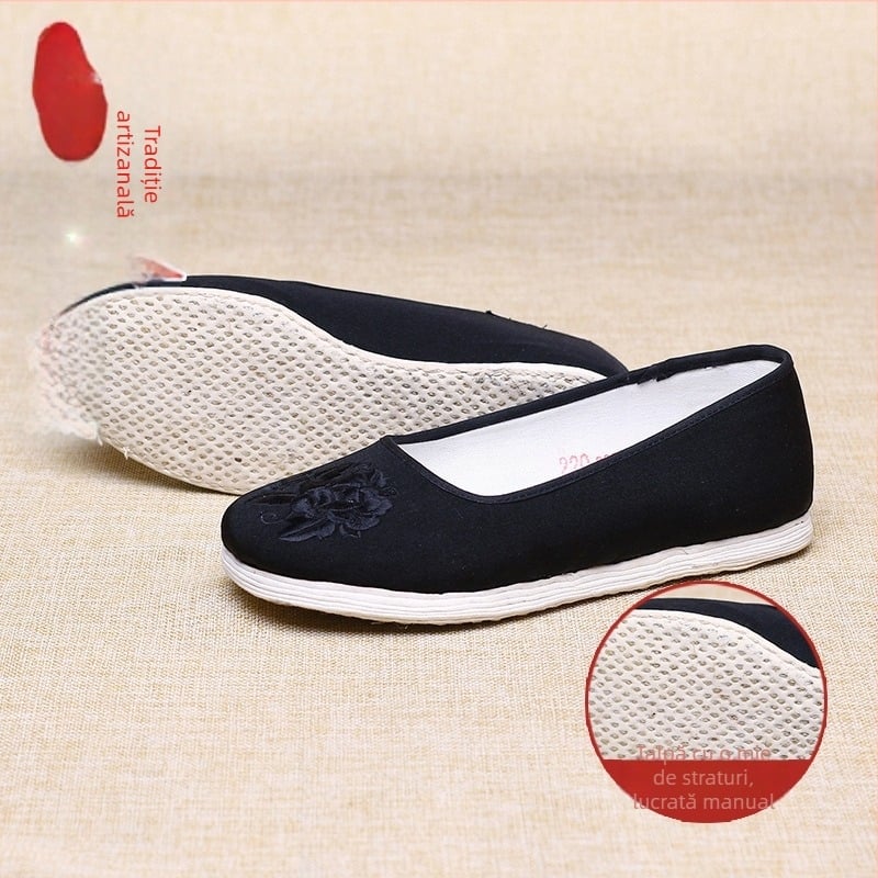 Pantofi de pânză, broderie florală realizată manual, partea superioară din bumbac, talpă Melaleuca, toc plat, vârf rotund