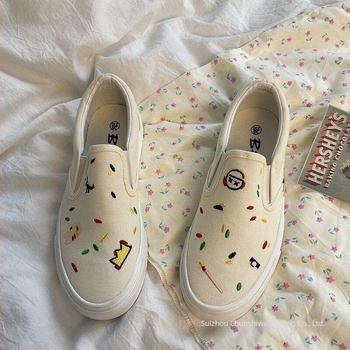 Pantofi slip-on din canvas, în stil coreean, cu model brodat de personaje din desene animate, ușori, talpă din cauciuc, căptușeală din plasă