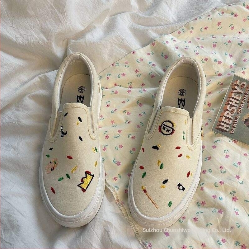 Pantofi slip-on din canvas, în stil coreean, cu model brodat de personaje din desene animate, ușori, talpă din cauciuc, căptușeală din plasă