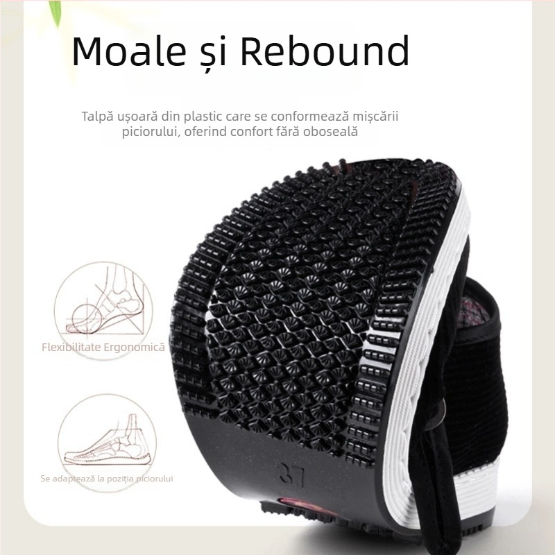 Pantofi din pânză cu partea superioară din bumbac, talpă din material compozit, închidere cu cataramă pe o singură curea, toc plat, vârf rotund
