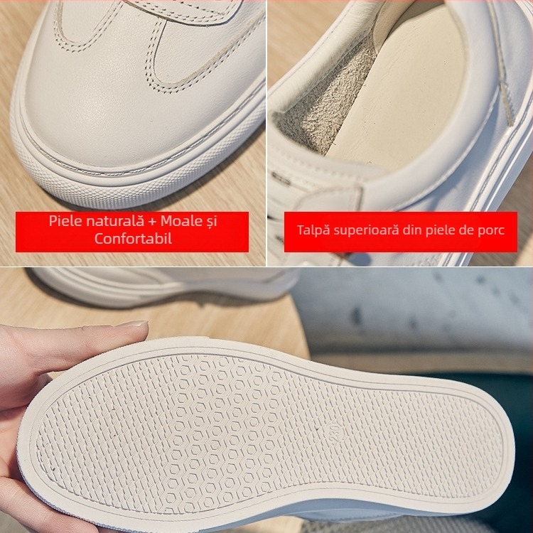 Pantofi casual pentru femei, din piele naturală, vârf rotund, toc mic 1–3 cm, bandă elastică, talpă din cauciuc respirabil