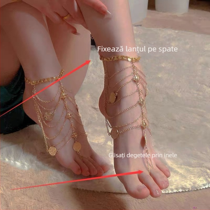 Brățară de gleznă cu ciucuri, în mai multe straturi, pandant geometric – din aliaj metalic