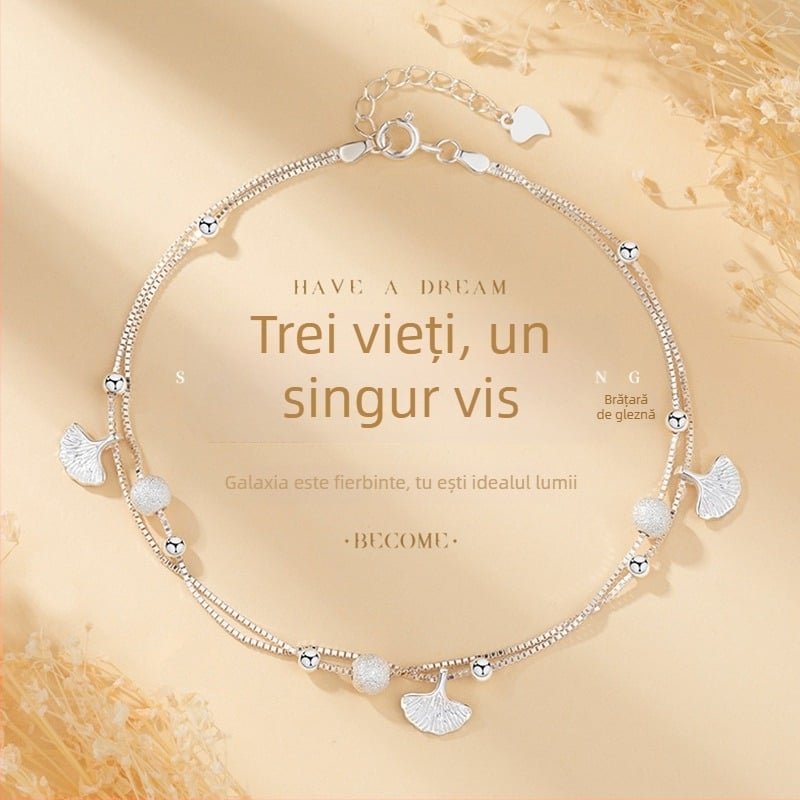 Brățară de gleznă din argint S925 – motif Sansheng Lucky, stil coreean, design cu frunze, model JL013