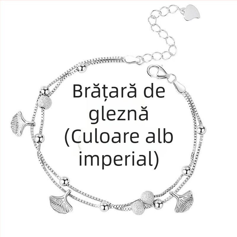 Brățară de gleznă din argint S925 – motif Sansheng Lucky, stil coreean, design cu frunze, model JL013