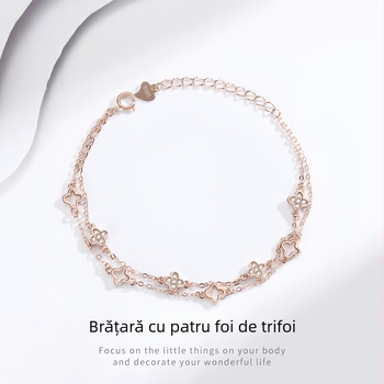 Glezna S925 cu două straturi, trifoi cu patru foi, încrustată cu pietre, inspirat din pădure, bijuterii pentru femei