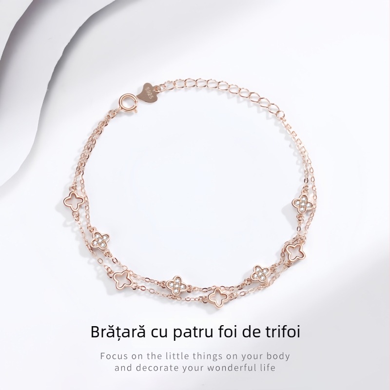 Glezna S925 cu două straturi, trifoi cu patru foi, încrustată cu pietre, inspirat din pădure, bijuterii pentru femei
