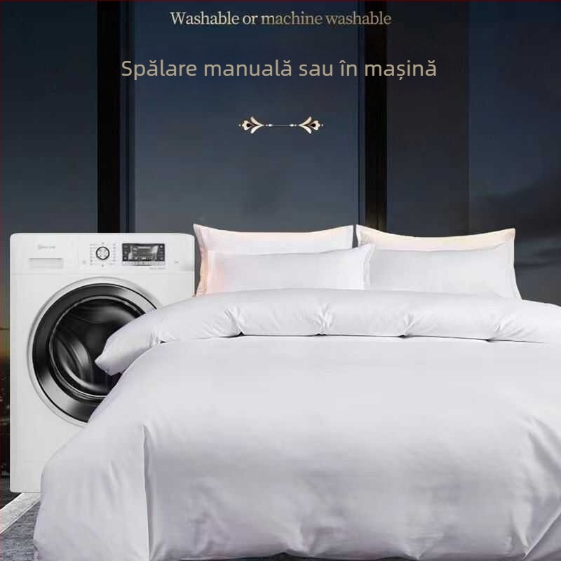 Set de lenjerie hotelier, patru piese – model solid, poliester, imprimare reactive și vopsire, stil hotelier