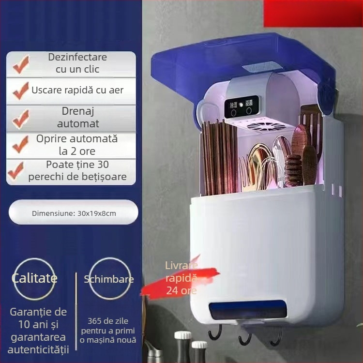 Sterilizator inteligent multifuncțional pentru bețișoare, cutie de depozitare montată pe perete (material PP, sterilizare, rezistent la mucegai)