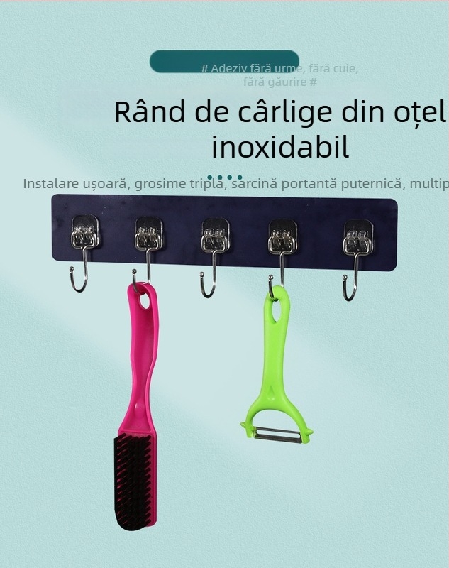Fără găuri, oțel inoxidabil, șase cârlige în serie cu adeziv puternic pentru bucătărie, suportă peste 30 kg
