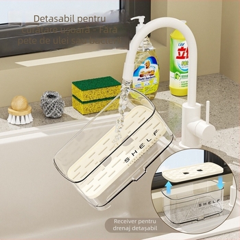 Raft pentru bureți de bucătărie, montat pe perete – ABS plastic, suport pentru drenaj, organizator multifuncțional pentru chiuvetă