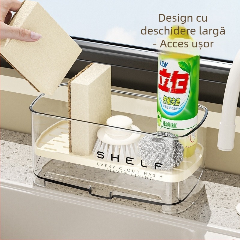 Raft pentru bureți de bucătărie, montat pe perete – ABS plastic, suport pentru drenaj, organizator multifuncțional pentru chiuvetă