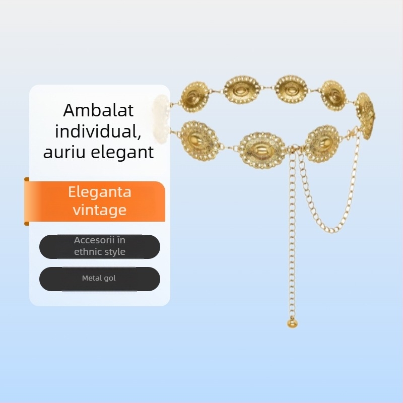 Lanț boem din metal pentru talie, lanț de corp retro de înaltă calitate, stil etnic, lungime 120 cm, lățime 3,5 cm, design cu buclă simplă