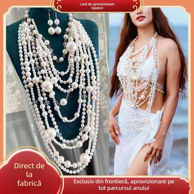 Colier cu mai multe straturi din perle artificiale, cu lanț pentru corp, lucrat manual, formă în U, colier de modă pentru femei